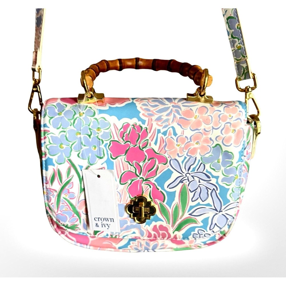 Crown & Ivy Camille Bamboo Top Handle Floral Multi Crossbody Bag CI0037 NEW